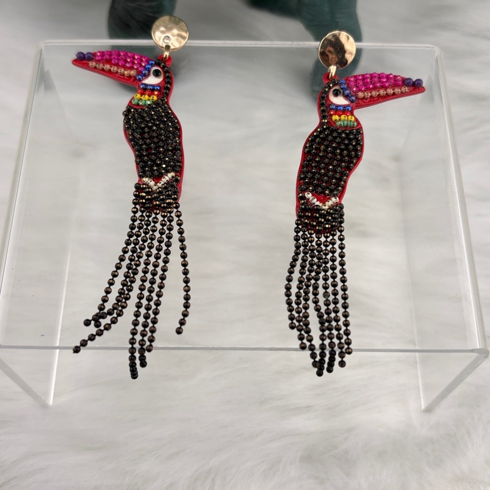Colorful Metal Ball Bead Toucan Earrings for Pierced Ears